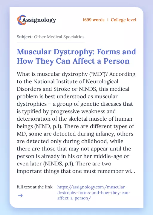 Muscular Dystrophy: Forms and How They Can Affect a Person - Essay Preview