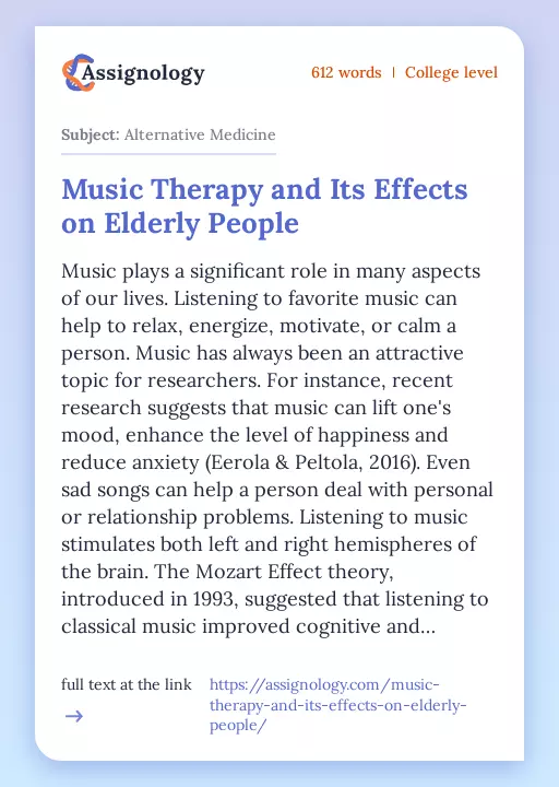 Music Therapy and Its Effects on Elderly People - Essay Preview