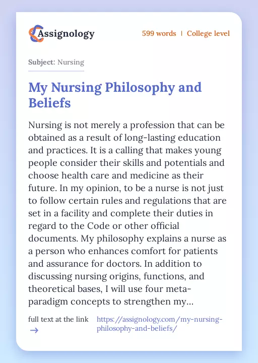 My Nursing Philosophy and Beliefs - Essay Preview