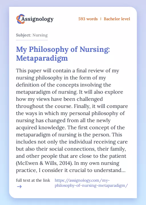 My Philosophy of Nursing: Metaparadigm - Essay Preview