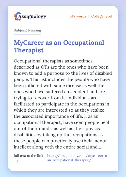 MyCareer as an Occupational Therapist - Essay Preview