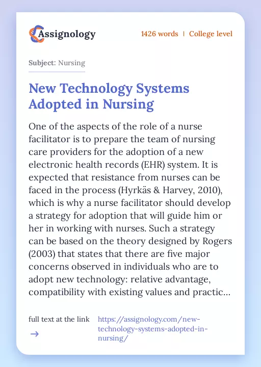 New Technology Systems Adopted in Nursing - Essay Preview