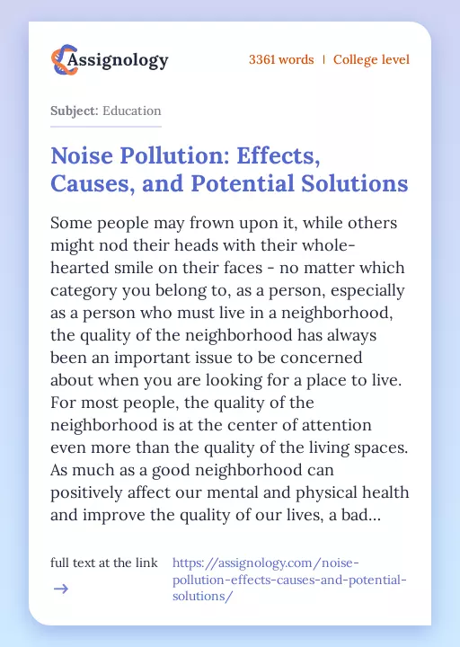 Noise Pollution: Effects, Causes, and Potential Solutions - Essay Preview