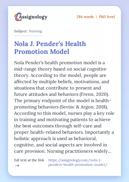 Nola J. Pender's Health Promotion Model - Essay Preview