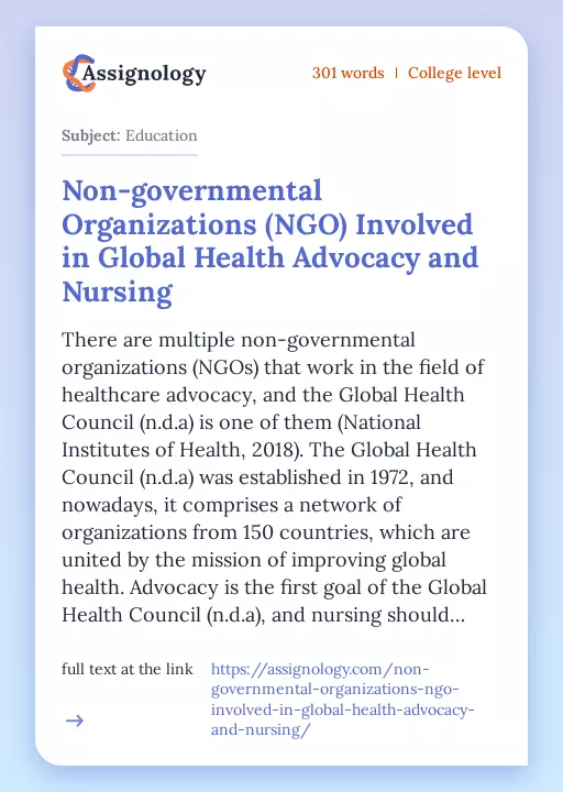 Non-governmental Organizations (NGO) Involved in Global Health Advocacy and Nursing - Essay Preview