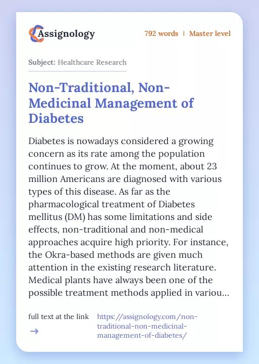 Non-Traditional, Non-Medicinal Management of Diabetes - Essay Preview