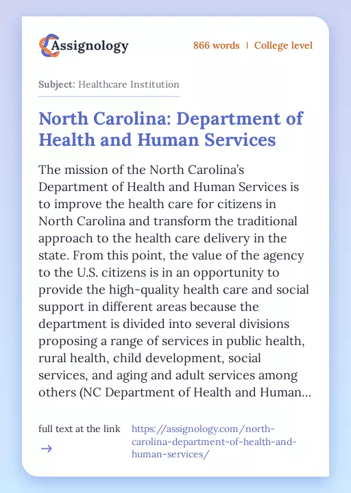 North Carolina: Department of Health and Human Services - Essay Preview