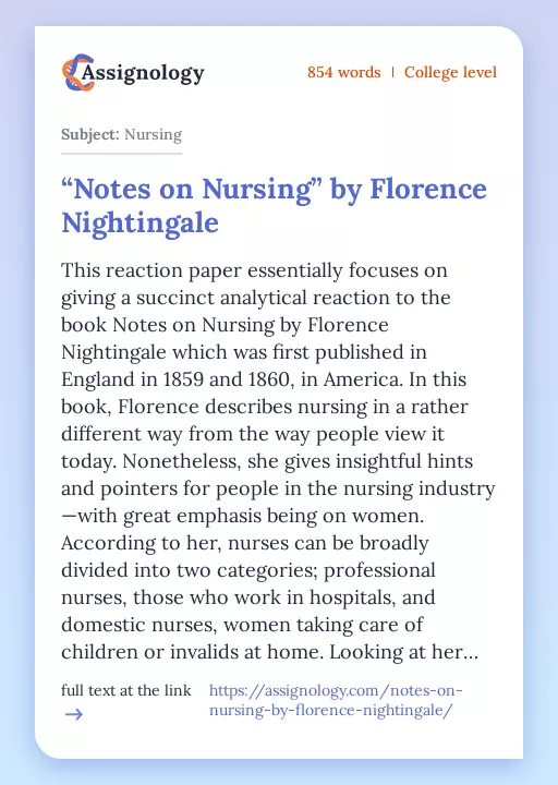 “Notes on Nursing” by Florence Nightingale - Essay Preview
