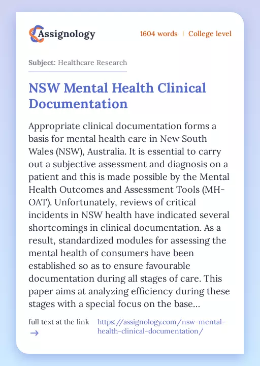 NSW Mental Health Clinical Documentation - Essay Preview