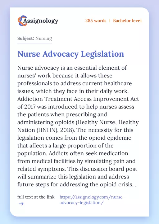 Nurse Advocacy Legislation - Essay Preview