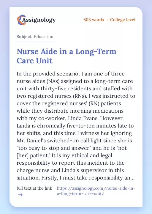 Nurse Aide in a Long-Term Care Unit - Essay Preview