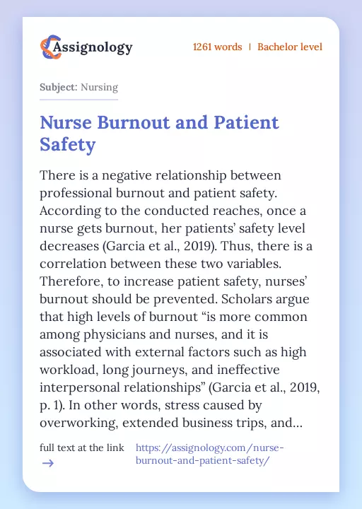 Nurse Burnout and Patient Safety - Essay Preview