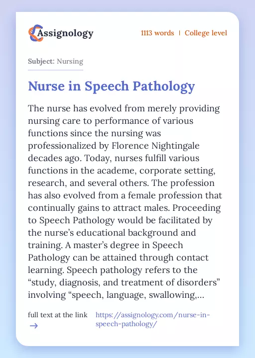 Nurse in Speech Pathology - Essay Preview