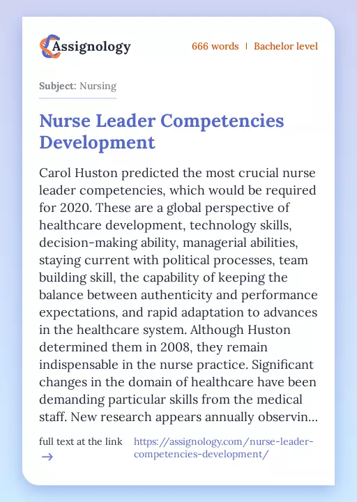 Nurse Leader Competencies Development - Essay Preview