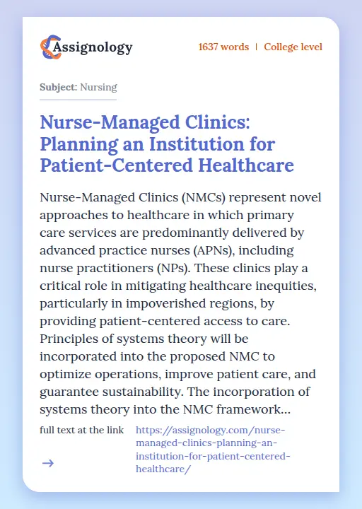 Nurse-Managed Clinics: Planning an Institution for Patient-Centered Healthcare - Essay Preview