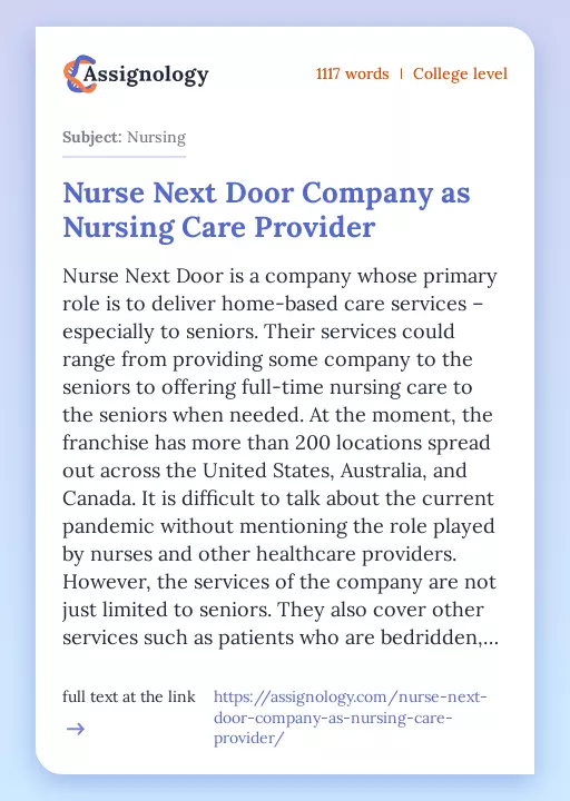 Nurse Next Door Company as Nursing Care Provider - Essay Preview