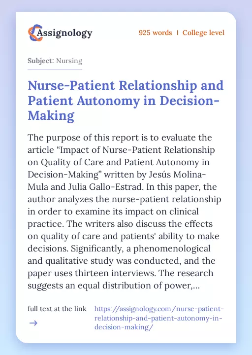 Nurse-Patient Relationship and Patient Autonomy in Decision-Making - Essay Preview