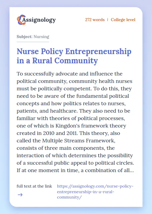 Nurse Policy Entrepreneurship in a Rural Community - Essay Preview