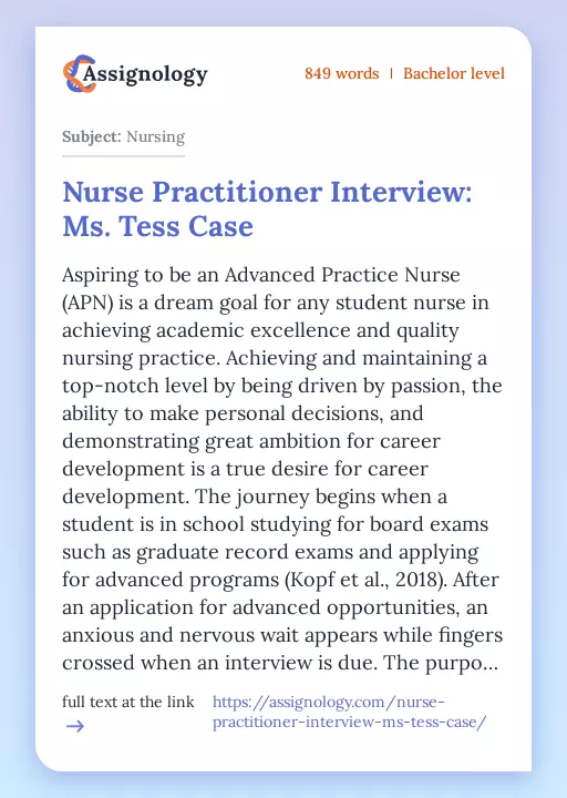 Nurse Practitioner Interview: Ms. Tess Case - Essay Preview