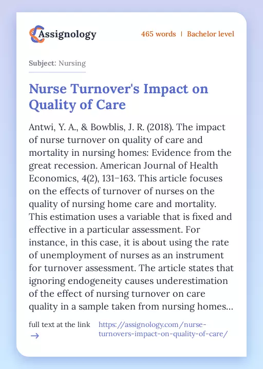 Nurse Turnover's Impact on Quality of Care - Essay Preview
