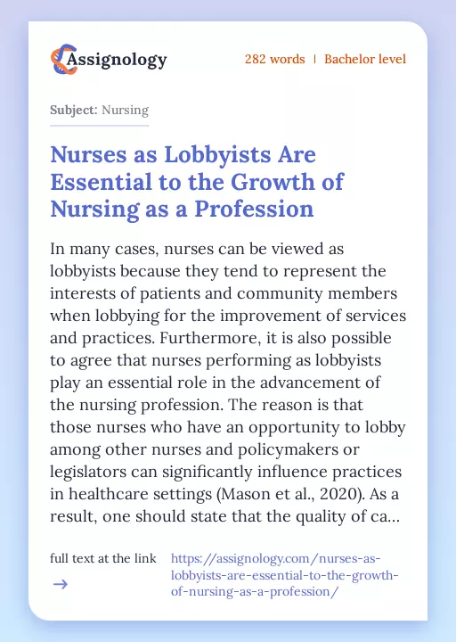 Nurses as Lobbyists Are Essential to the Growth of Nursing as a Profession - Essay Preview