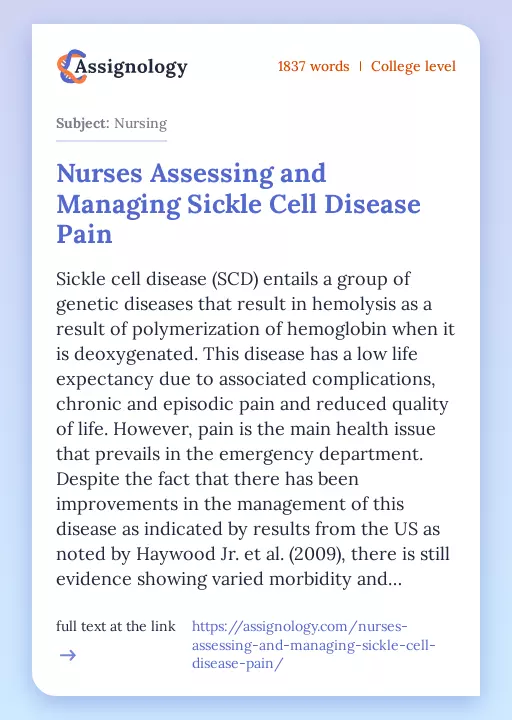 Nurses Assessing and Managing Sickle Cell Disease Pain - Essay Preview