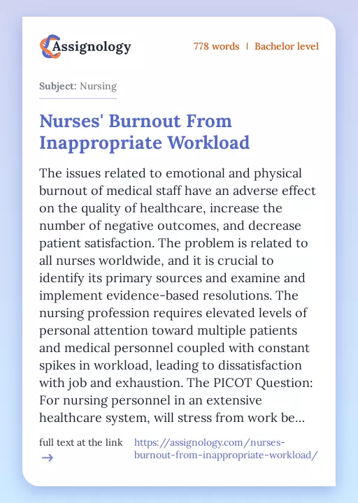 Nurses' Burnout From Inappropriate Workload - Essay Preview