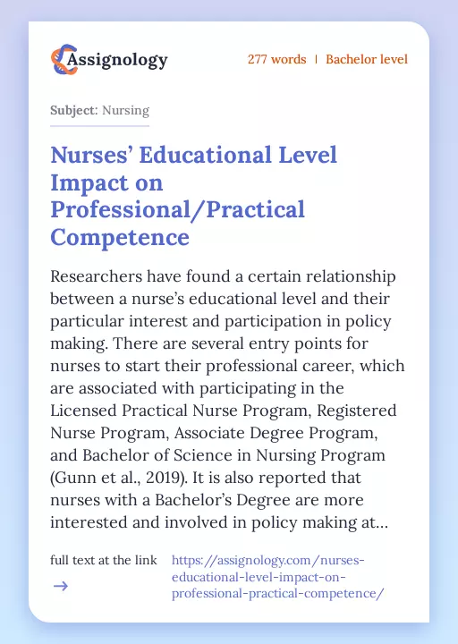 Nurses’ Educational Level Impact on Professional/Practical Competence - Essay Preview