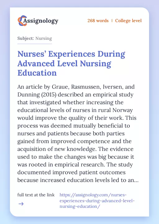 Nurses’ Experiences During Advanced Level Nursing Education - Essay Preview