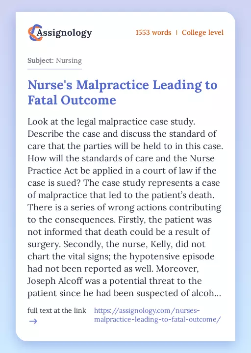 Nurse's Malpractice Leading to Fatal Outcome - Essay Preview