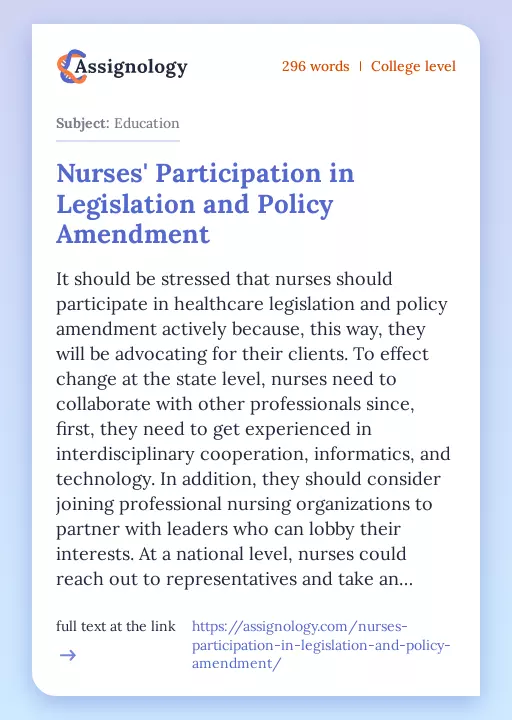 Nurses' Participation in Legislation and Policy Amendment - Essay Preview