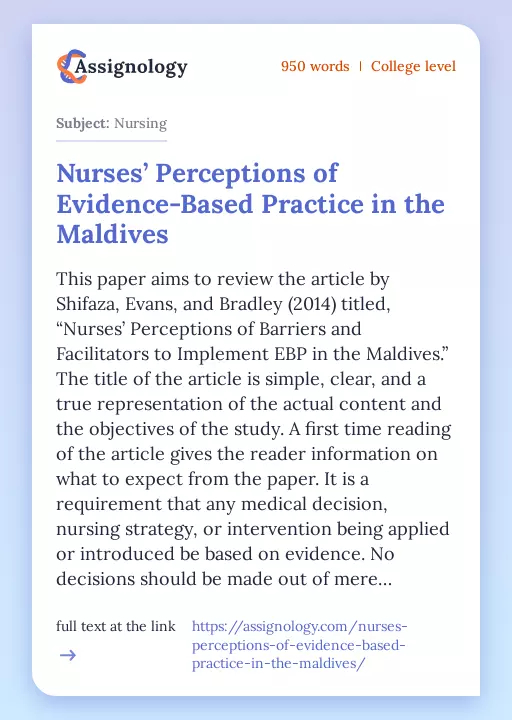Nurses’ Perceptions of Evidence-Based Practice in the Maldives - Essay Preview