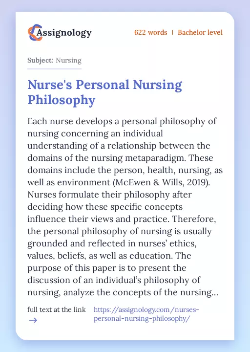 Nurse's Personal Nursing Philosophy - Essay Preview