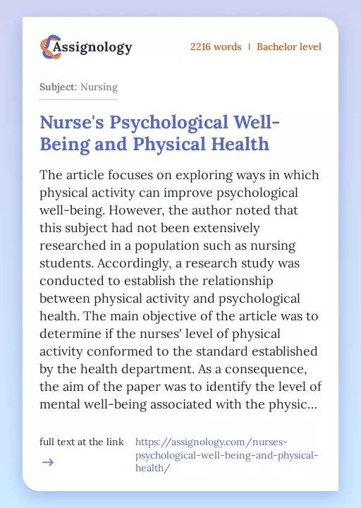 Nurse's Psychological Well-Being and Physical Health - Essay Preview