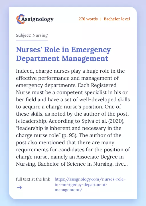 Nurses' Role in Emergency Department Management - Essay Preview