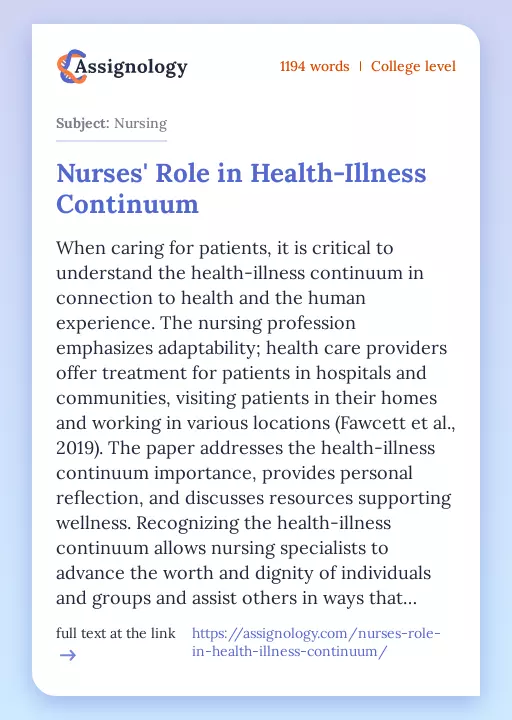 Nurses' Role in Health-Illness Continuum - Essay Preview