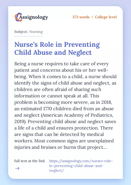 Nurse’s Role in Preventing Child Abuse and Neglect - Essay Preview
