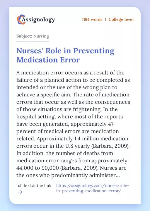 Nurses' Role in Preventing Medication Error - Essay Preview