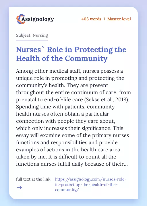 Nurses` Role in Protecting the Health of the Community - Essay Preview