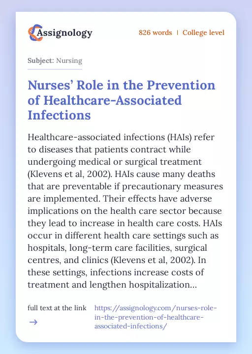 Nurses’ Role in the Prevention of Healthcare-Associated Infections - Essay Preview