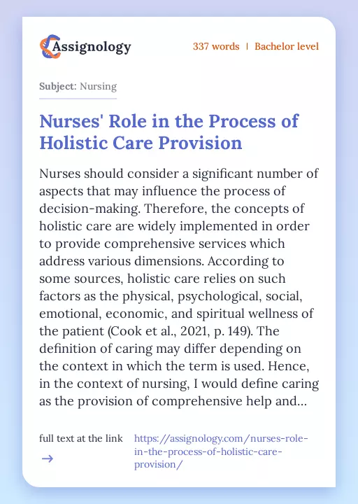 Nurses' Role in the Process of Holistic Care Provision - Essay Preview