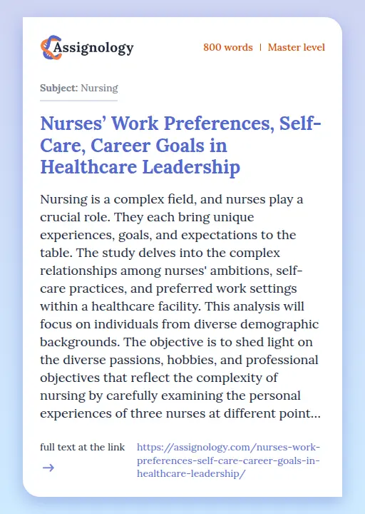 Nurses’ Work Preferences, Self-Care, Career Goals in Healthcare Leadership - Essay Preview