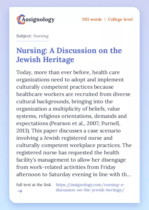 Nursing: A Discussion on the Jewish Heritage - Essay Preview