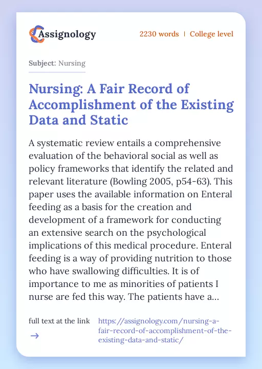 Nursing: A Fair Record of Accomplishment of the Existing Data and Static - Essay Preview