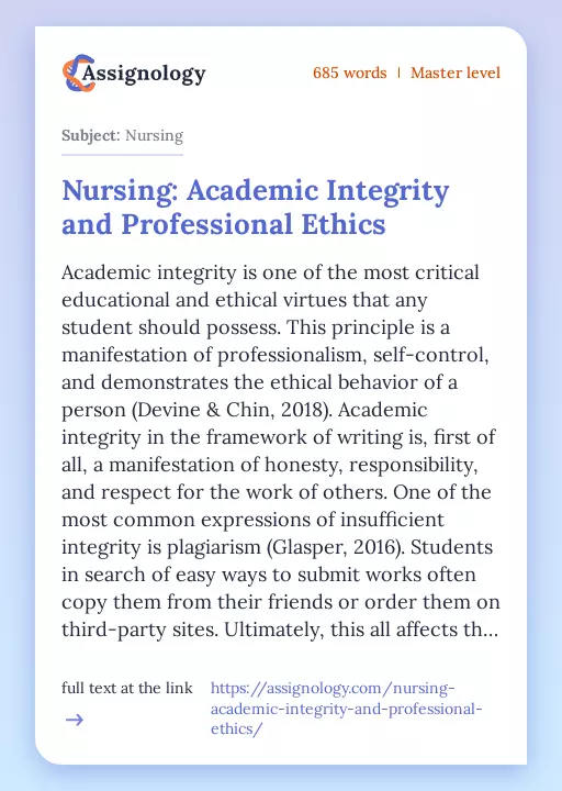 Nursing: Academic Integrity and Professional Ethics - Essay Preview