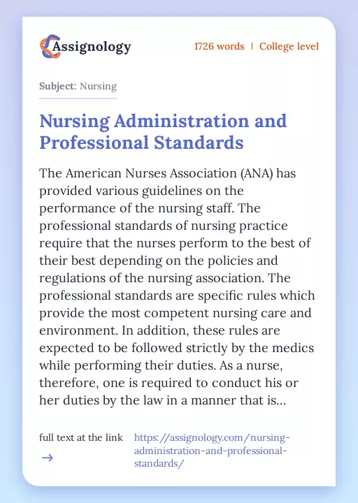 Nursing Administration and Professional Standards - Essay Preview