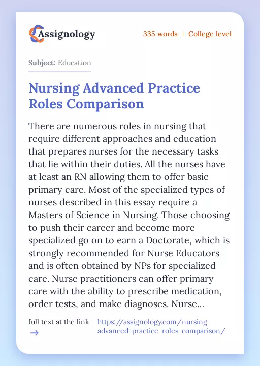 Nursing Advanced Practice Roles Comparison - Essay Preview