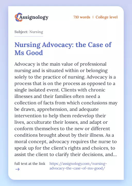 Nursing Advocacy: the Case of Ms Good - Essay Preview