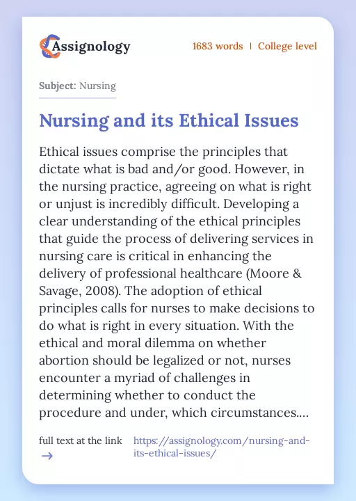 Nursing and its Ethical Issues - Essay Preview