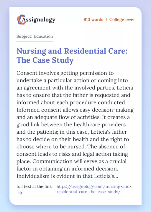 Nursing and Residential Care: The Case Study - Essay Preview